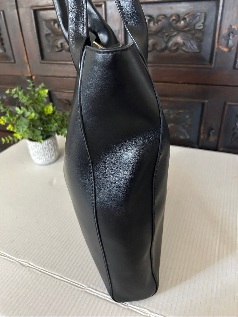 BCBGMaxAzria Black Leather Double-Handle Tote with Gold Accent - Picture 4 of 11